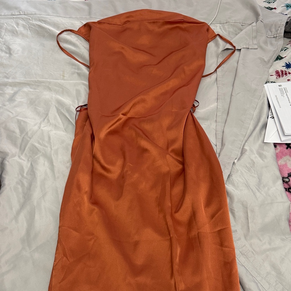 PrettyLittleThing Rust Orange Satin Strapless Slip Dress